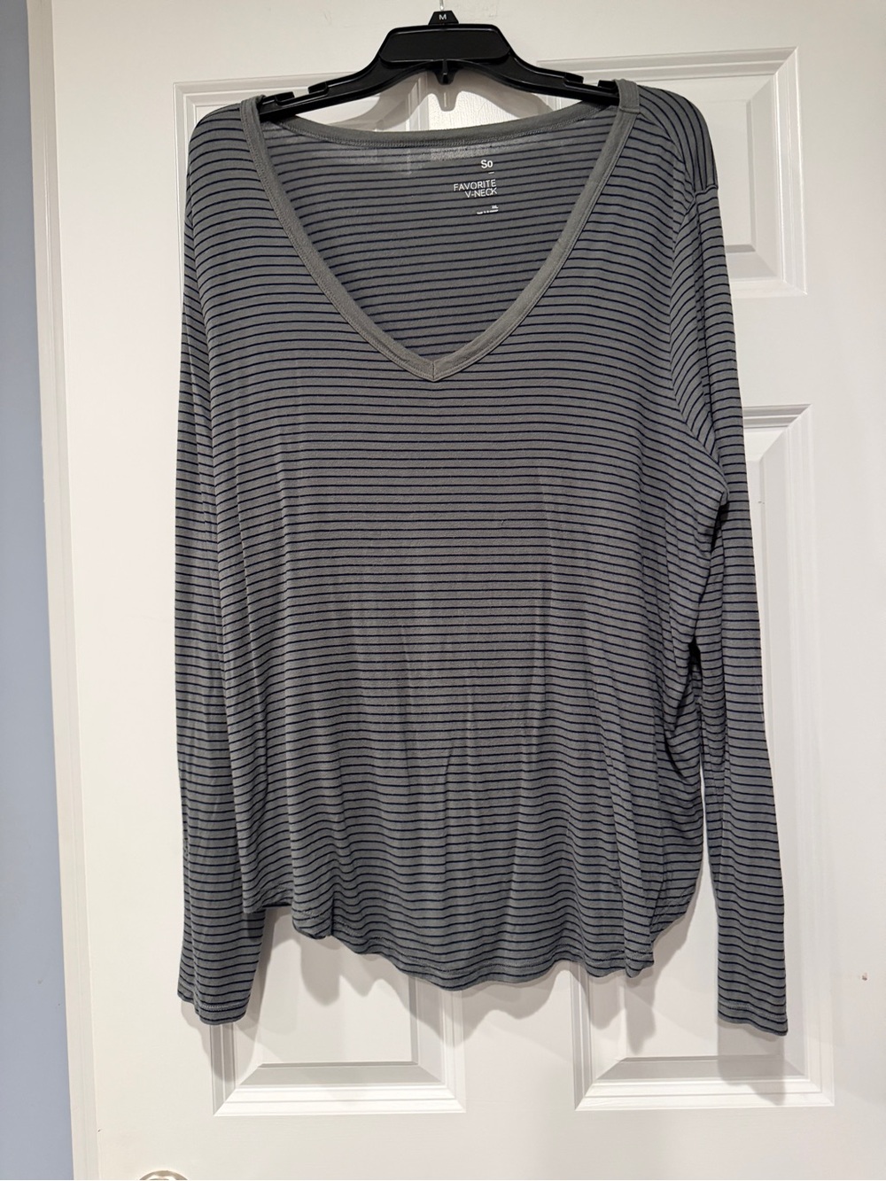 SO Women's Gray and Black Striped V-Neck Long Sleeve Top